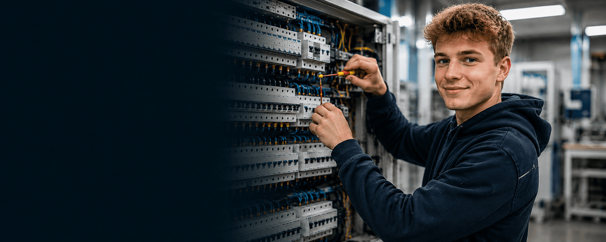 Leerling elektromonteur aan een installatie